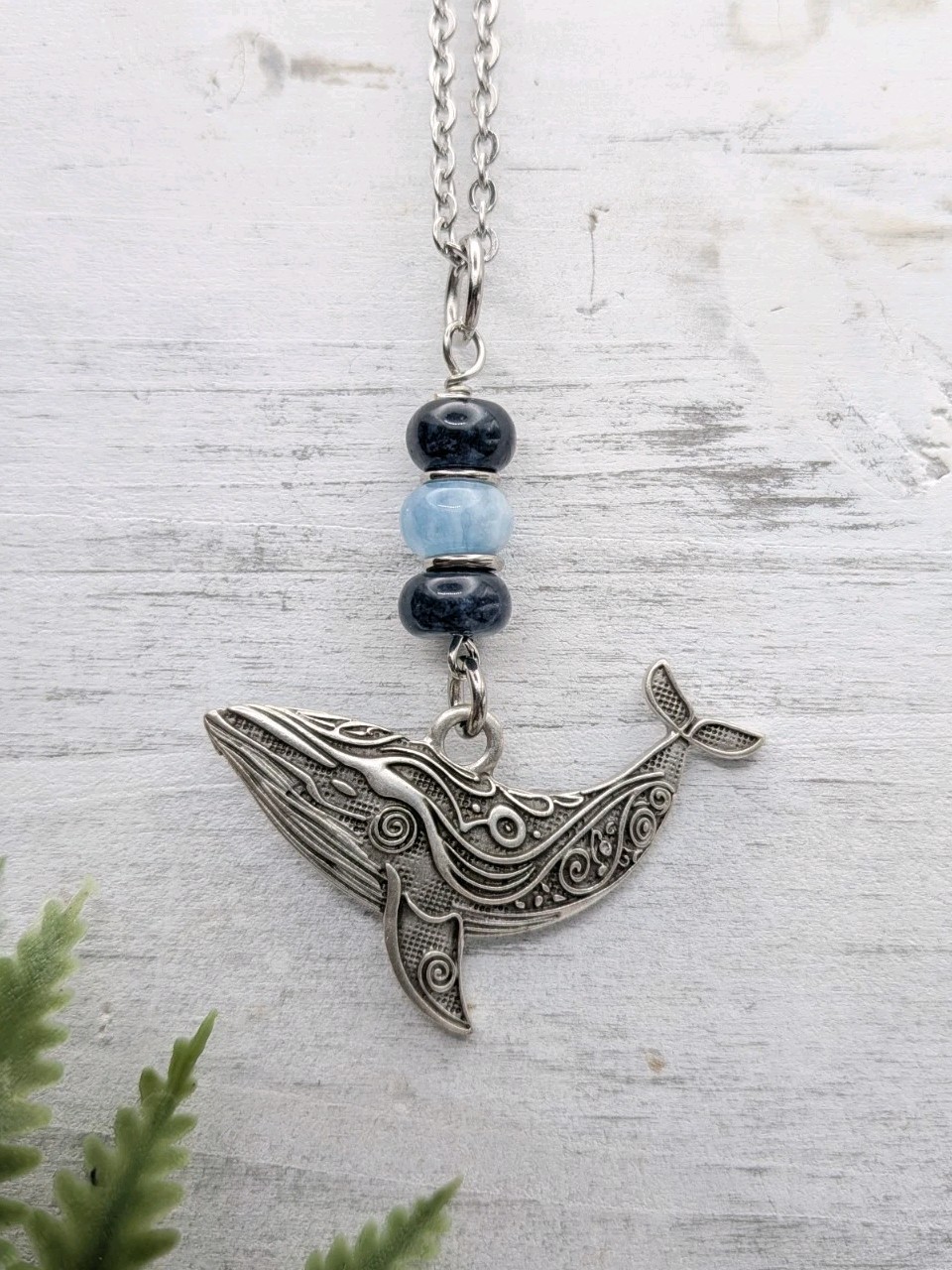 Whale Pendant Necklace With Blue Beads / Marine Life / Nature Jewelry
