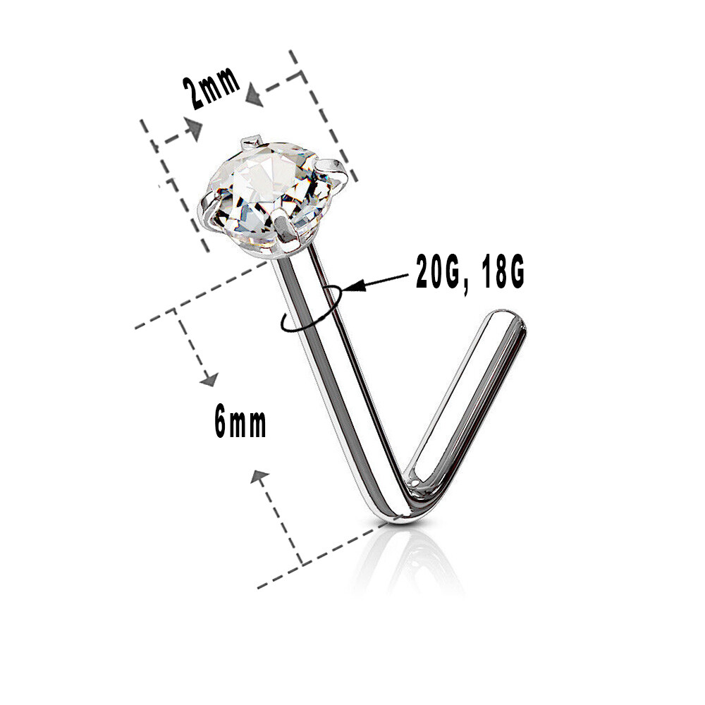 Nose Ring Stud L Shape Surgical Steel Screw Piercing 3mm Set CZ Gem 20G 18G 6mm
