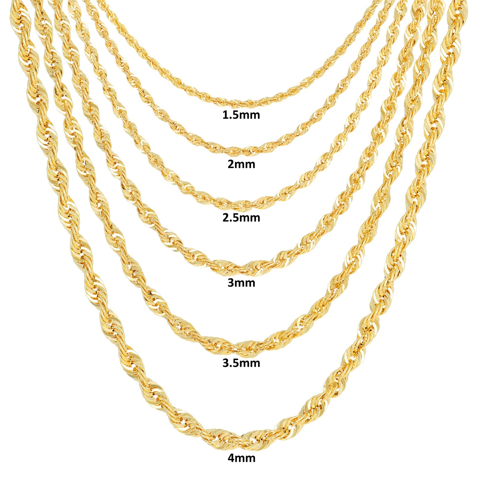 10K Yellow Gold 1mm-4mm Laser Diamond Cut Rope Chain Necklace Men Women 16″- 30″