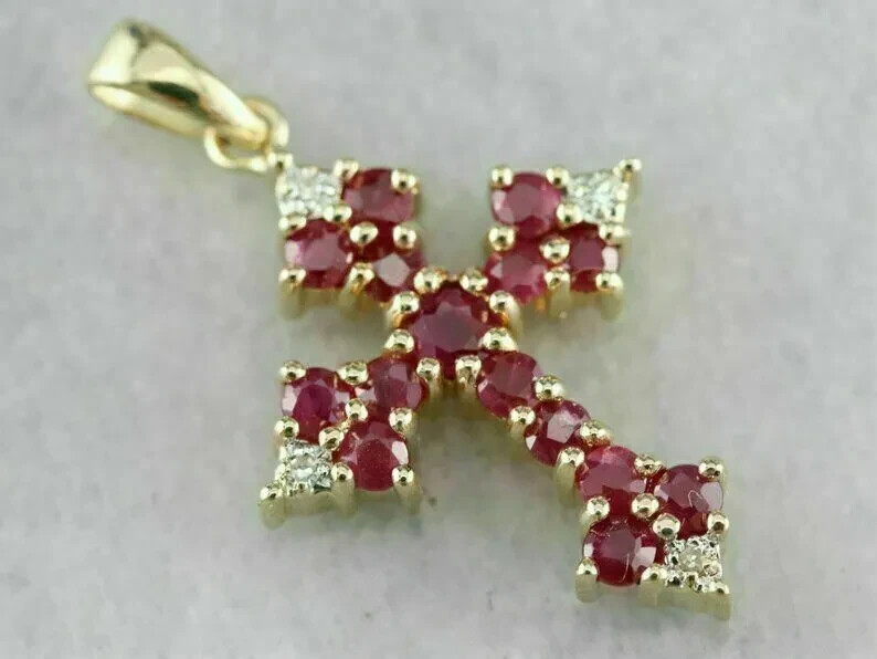 2.00 Ct Round Cut Red Ruby & Diamond Cross Pendant 14k Yellow Gold Over