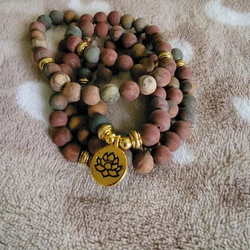 Vintage Red Creek Jasper Stone Bracelet Necklace 108 Beads Mala Jewelry Gifts