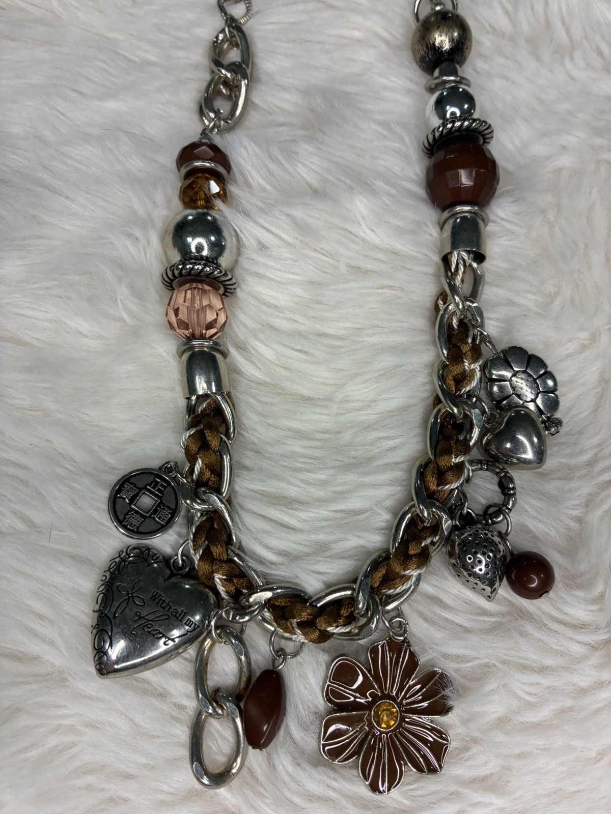 Paparazzi Silver Tone Cable Chain Beaded Flower Charm Necklace, Adj Lobster