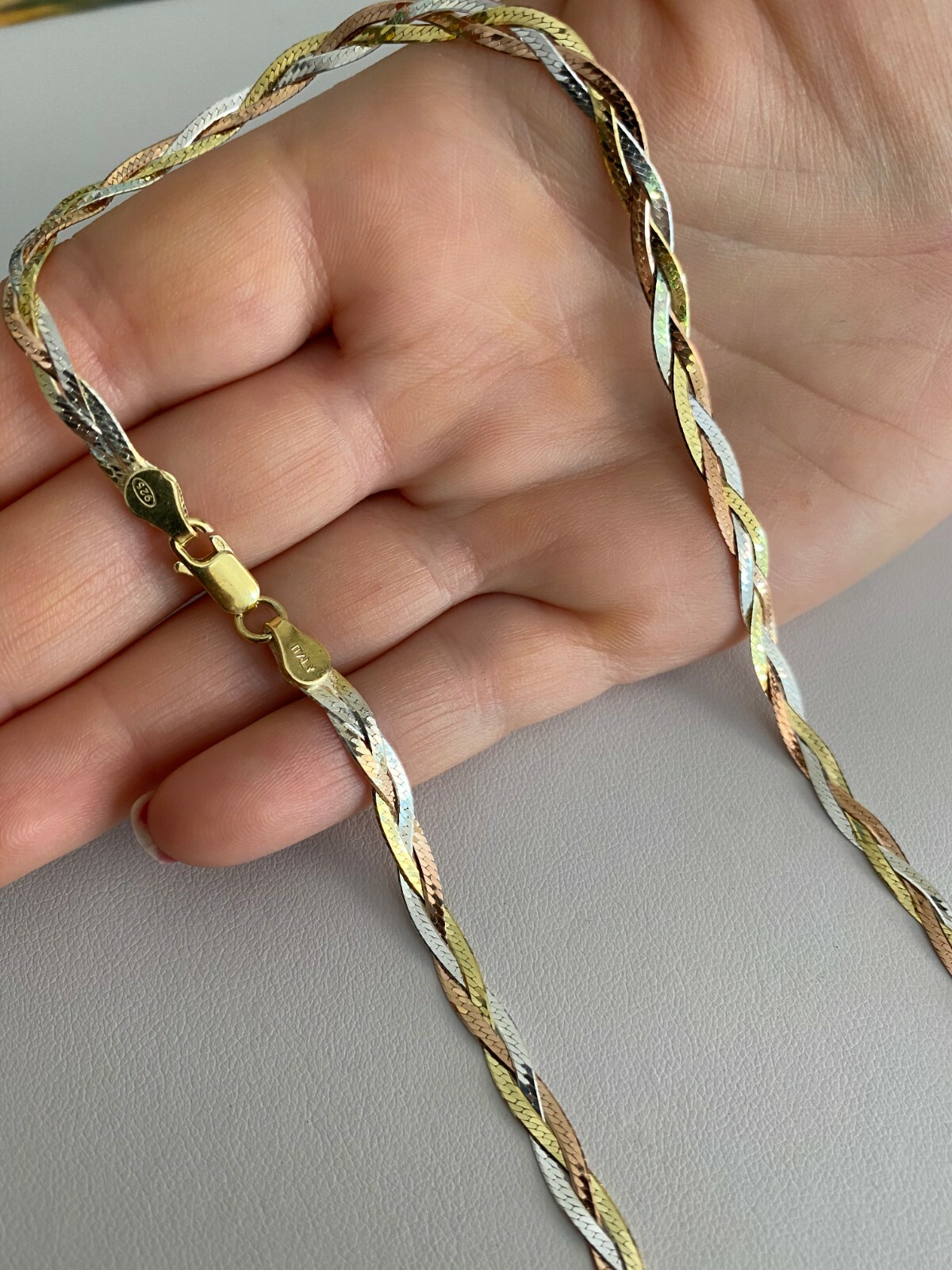 925 Silver Tri-Color Yellow Rose Gold Plated Twisted Braided Herringbone Chain