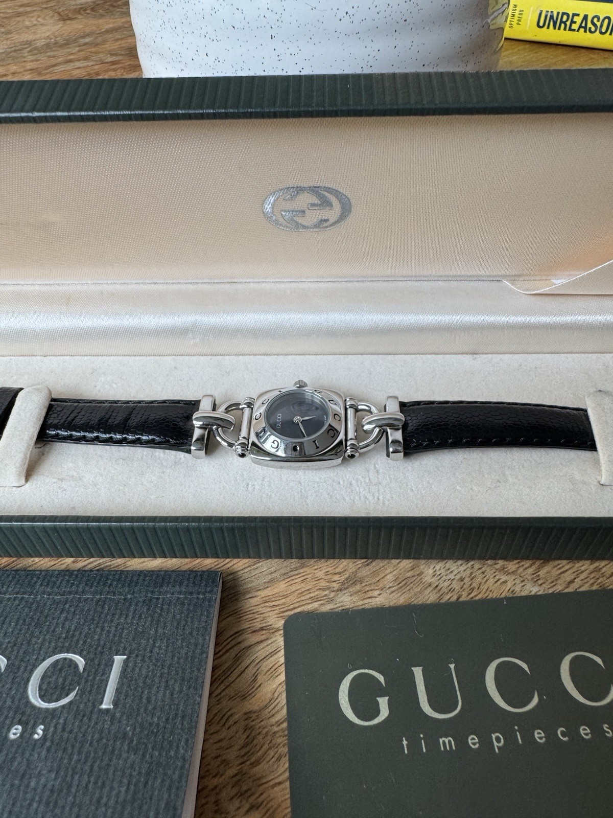 Vintage Gucci Silver and Black Round Dial Link Bracelet Watch with Box & Papers