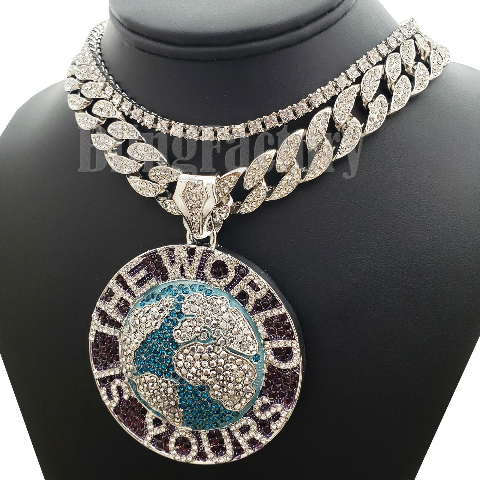 SILVER PLATED ALLOY CUBIC ZIRCONIA WORLD IS YOURS & 18″ ICED CHAIN NECKLACE SET