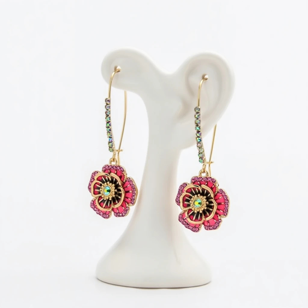 Floral Drop Earrings Women Gold Tone Crystal Rose Flower Hook Statement Boho