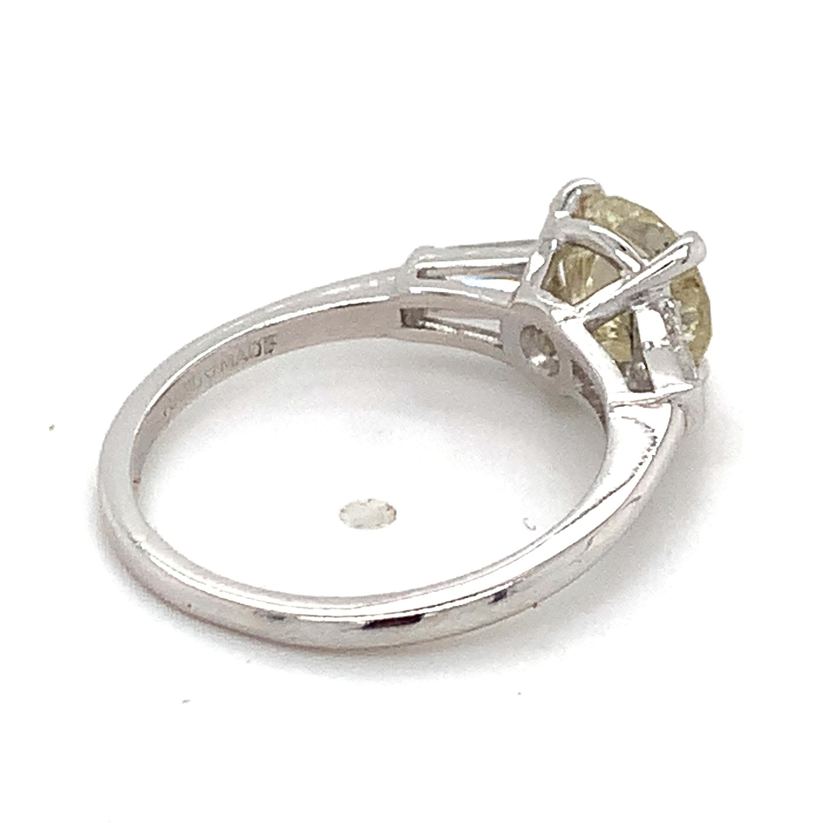 Platinum Light Yellow 1.44CT Round With Tapered Baguette Diamond 3 Stone Ring