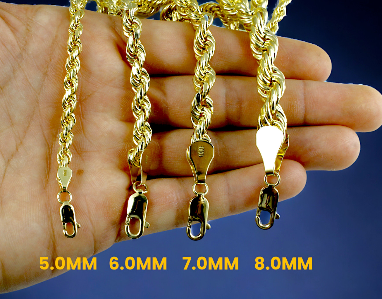 10K Yellow Gold Rope Necklace Bracelet Chain Diamond Cut 2mm-10mm 7″-30″