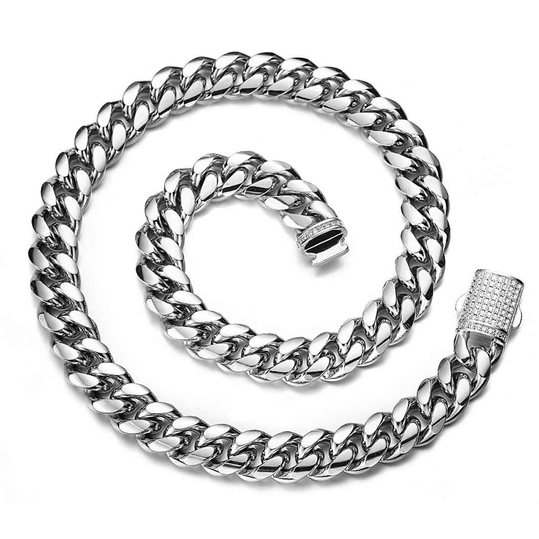 New Hot 6-14mm CZ Miami Cuban Link Chain Necklace Stainless Steel for Men Women