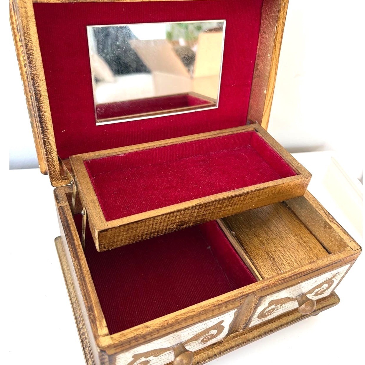 Vintage Florentine Wooden Jewelry Box Gold Gilt Red Velvet Mirror Distressed