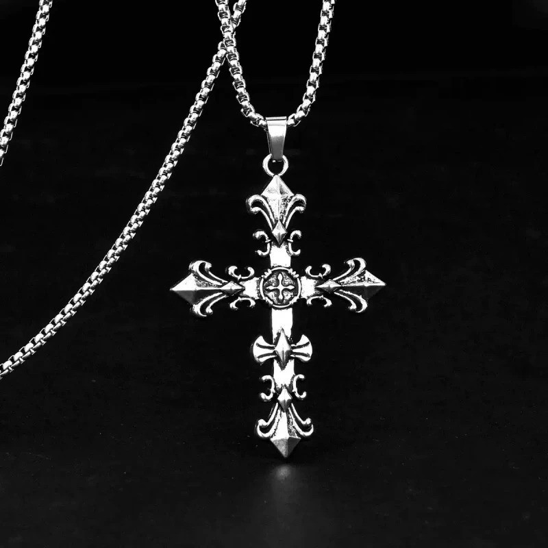 Mens Stainless Steel Cross Necklace Bracelet Set Vintage Silver Jewelry