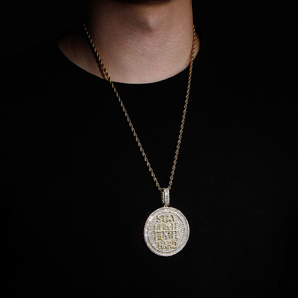 Hip Hop Big Round Letter Pendant Necklace Bling Full Zircon Real Gold Plated
