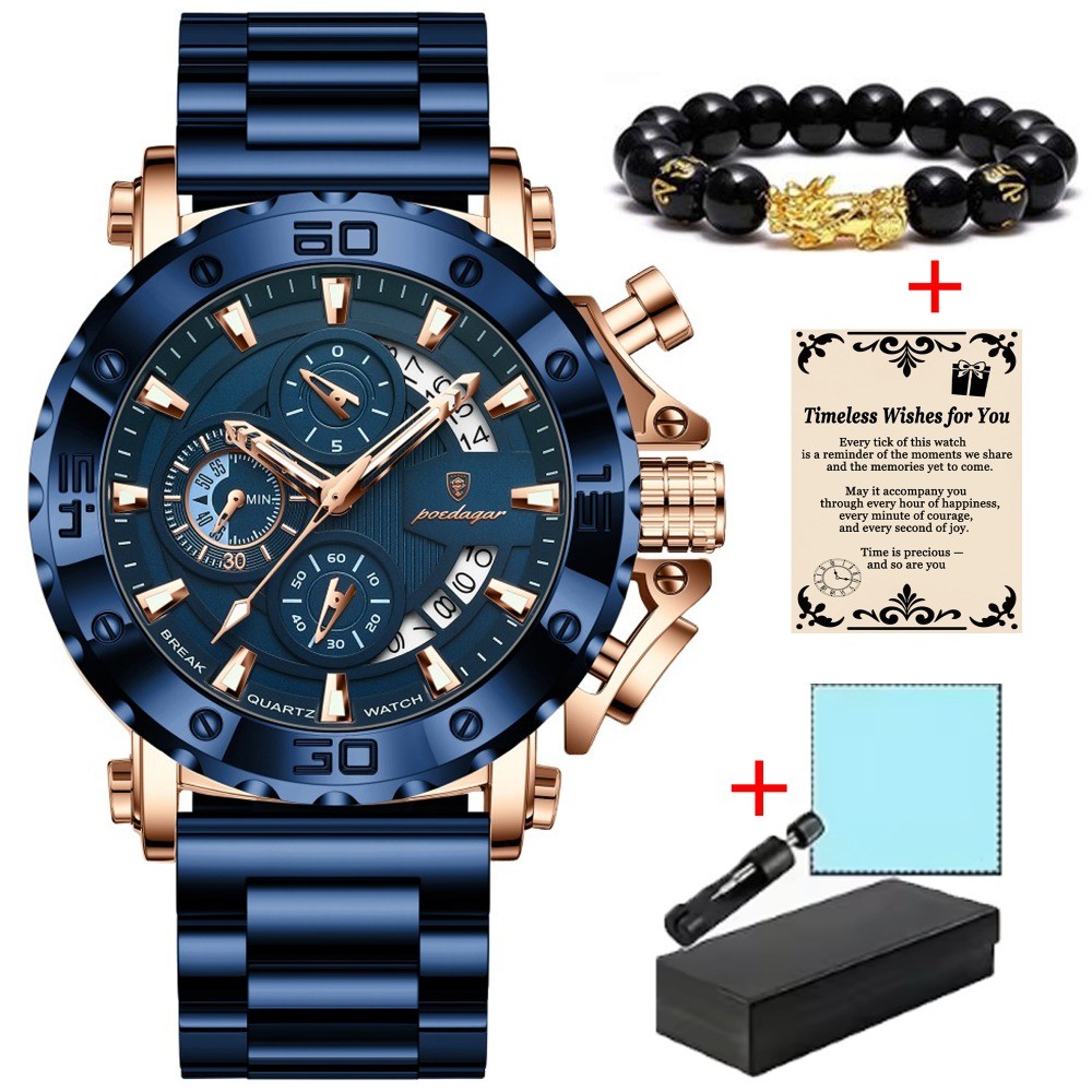 POEDAGAR Luxury Men’s Calendar Luminous Waterproof Stainless Steel Quartz Watch
