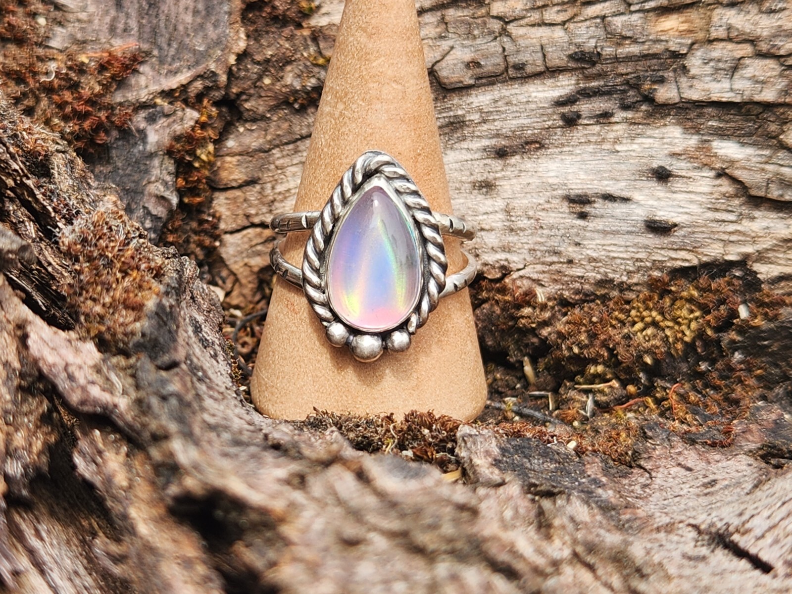 Aurora Opal Handmade Sterling Silver Ring, Statement Jewellery Jewelry Size 8.25