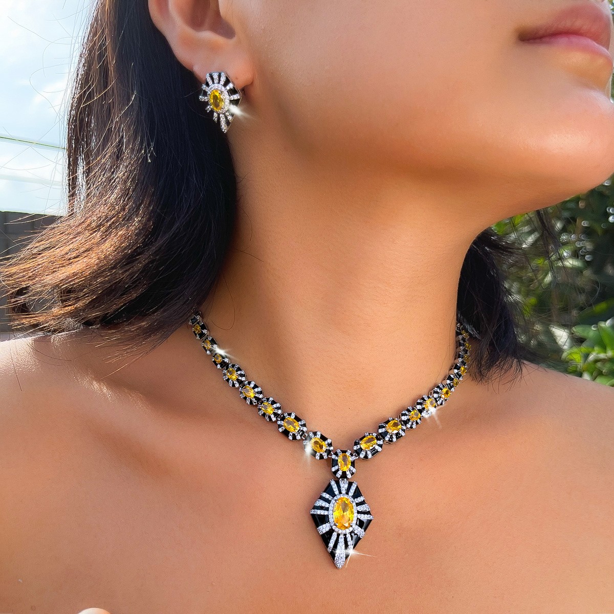 Women Silver Plated Yellow Zirconia Pentagon Earrings Necklace Party Jewelry Set