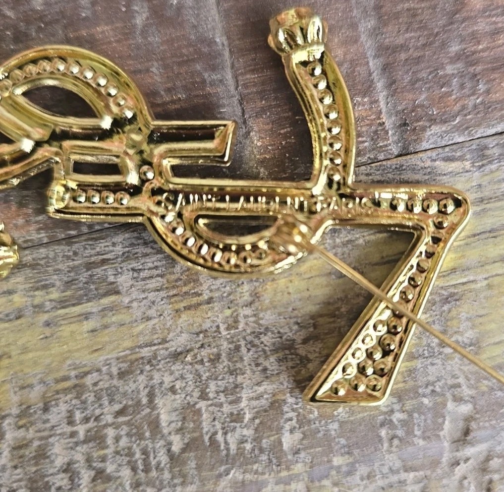 YSL Yes Saint Laurent Paris Brooch Pin Multi Color Gold Tone & Rhinestones