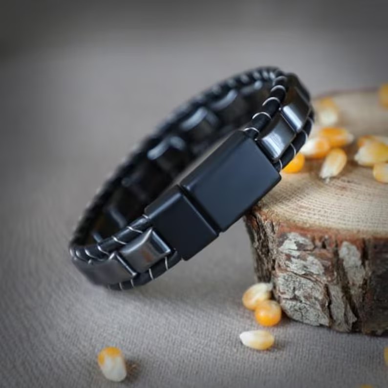 Premium Hematite Leather Healing Men Protection Strength Stylish Bracelet Gifts