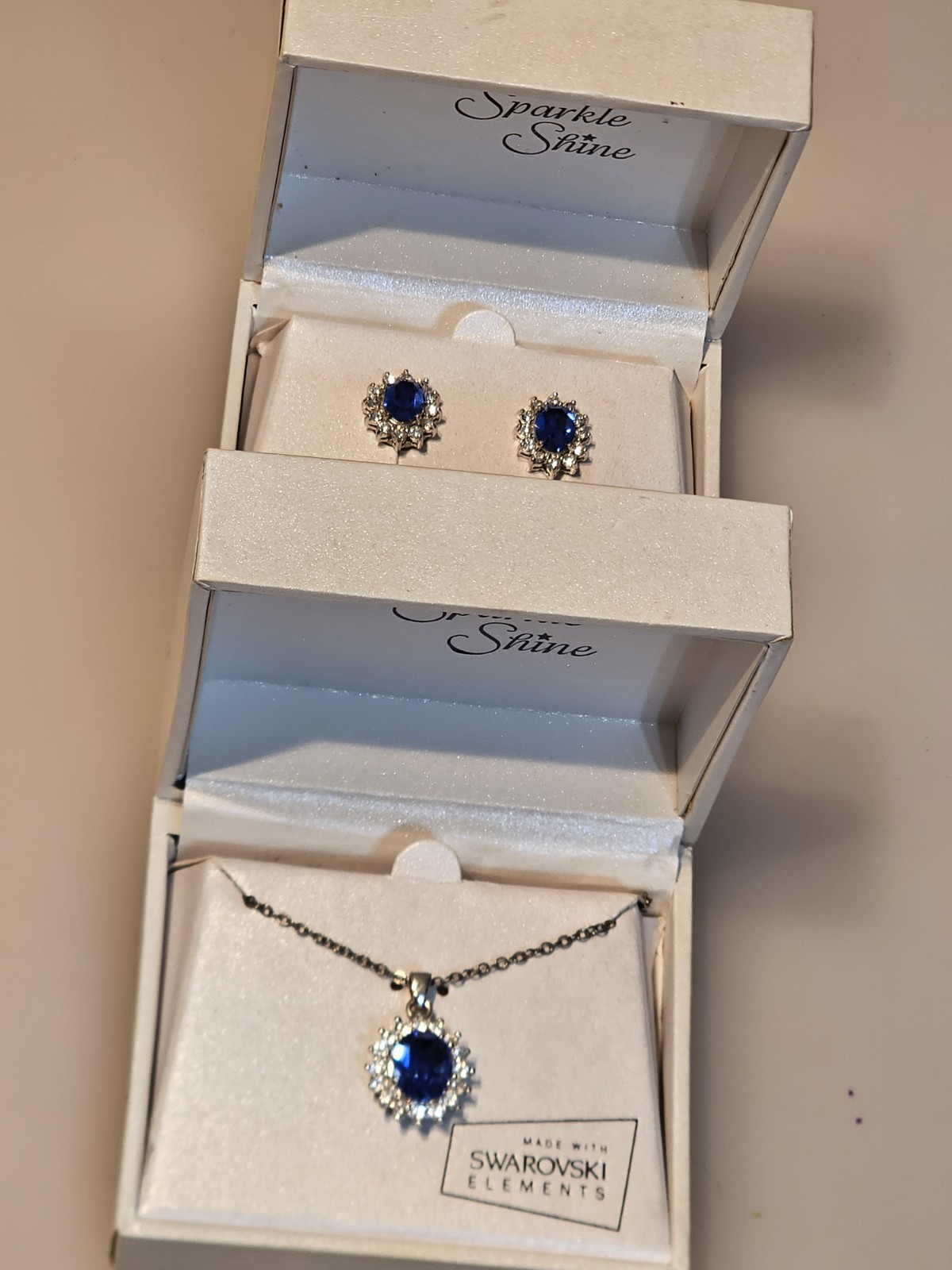 Silver Sparkle Shine Royal Blue Sapphire Halo Pendant Necklace Earring Set Swaro