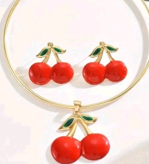 Bright Red Cherry Neck-bracelet & Matching Earrings, Goldtone.FREE SHIPPING