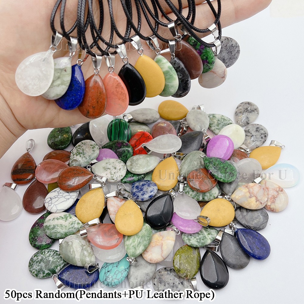 25/50Sets Natural Stone Teardrop Pendant Necklaces Bulk for DIY Jewelry Making