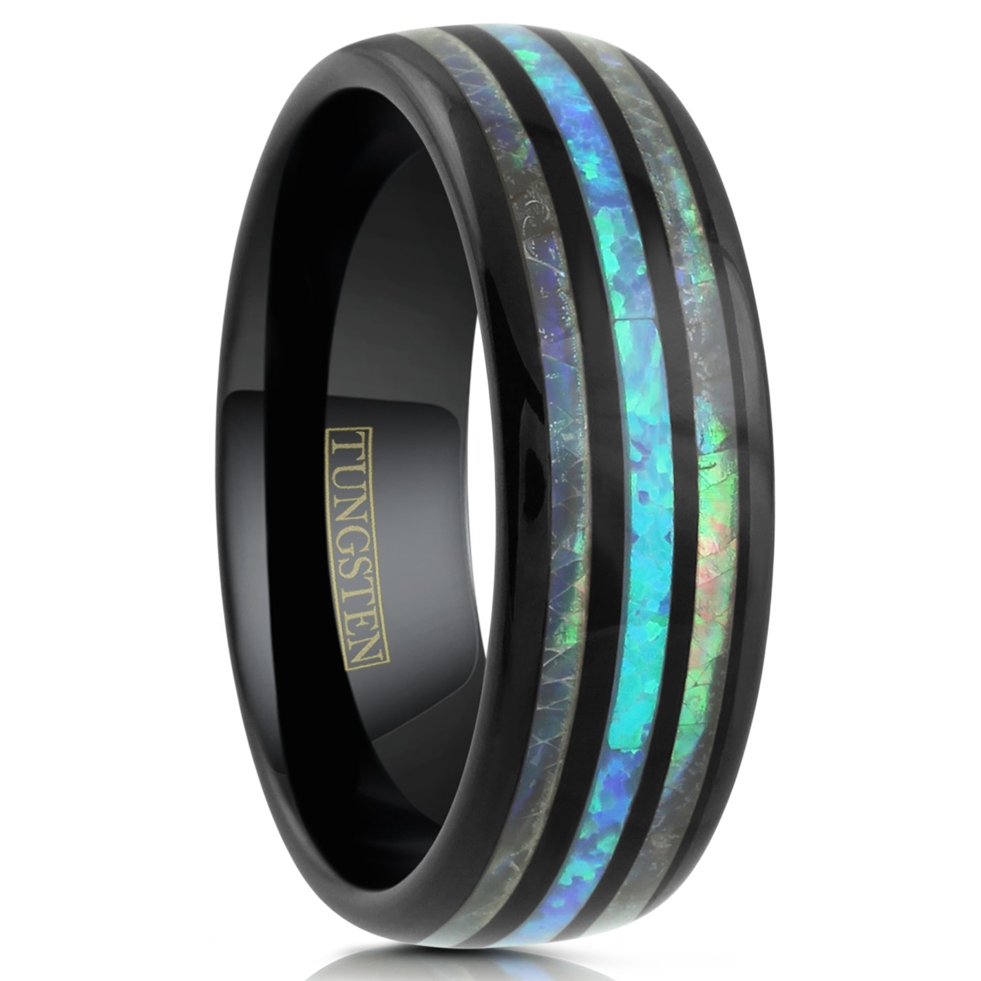 8mm Black Tungsten Carbide Abalone Hawaiian Blue Opal Men’s Wedding Band Ring