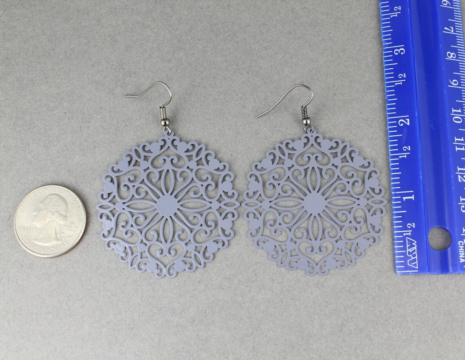 Grey round earrings cut out lace filigree scroll circle 2.5″ long very Light