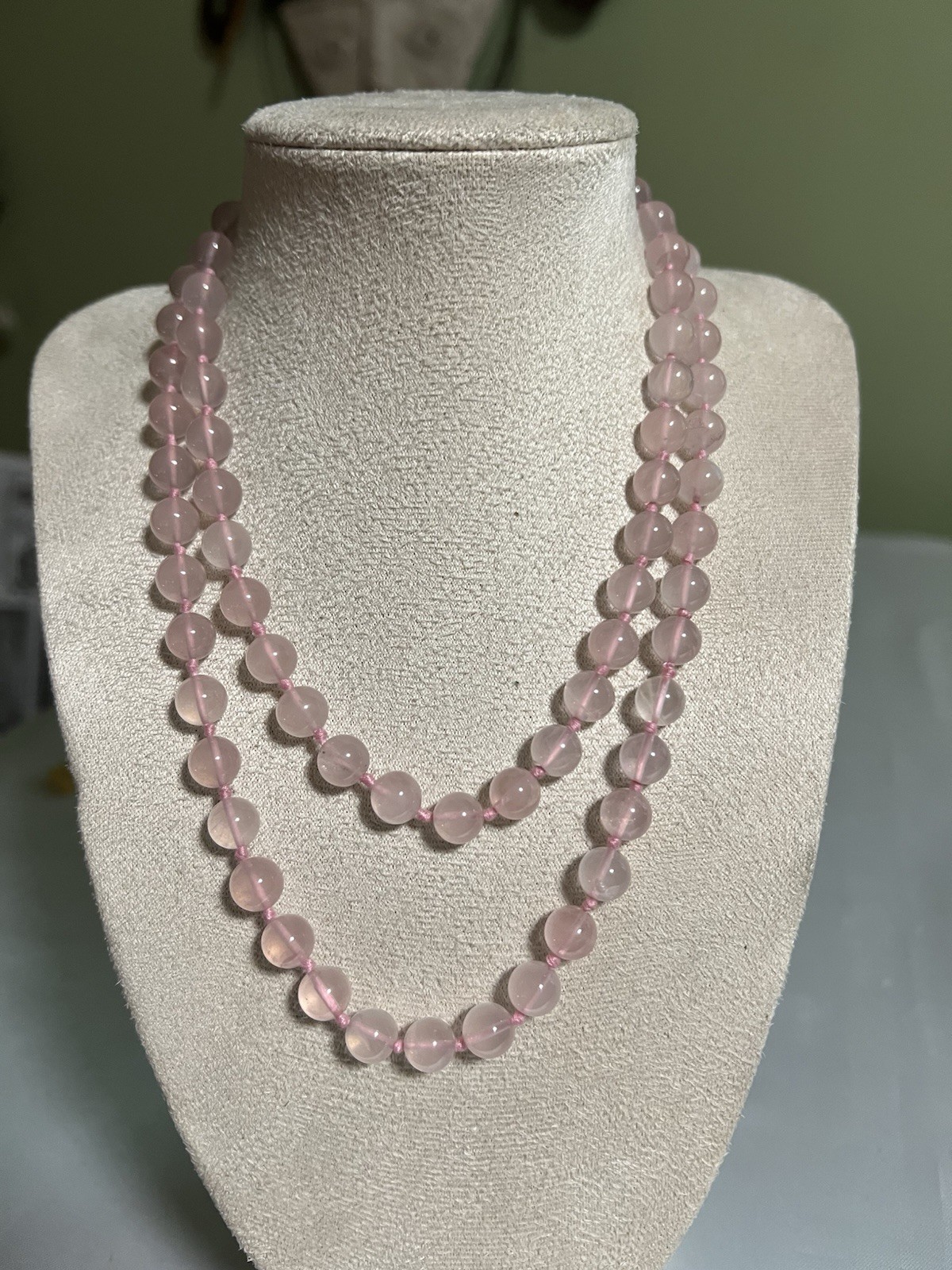 Vintage Rose Quartz Beaded Necklace 32” Hand Knotted Endless Opera Strand 66g