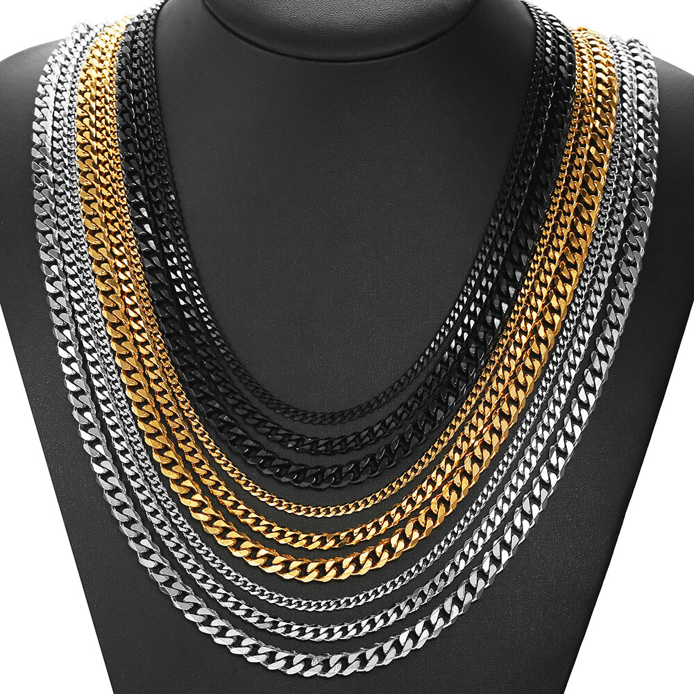 3/5/7/MM Stainless Steel Silver/Black/Gold Plated Cuban Curb Necklace Chain