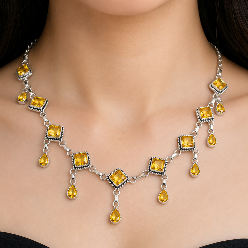 Yellow Citrine Gemstone Handmade 925 Sterling Silver Jewelry Necklace Sz-17-18″