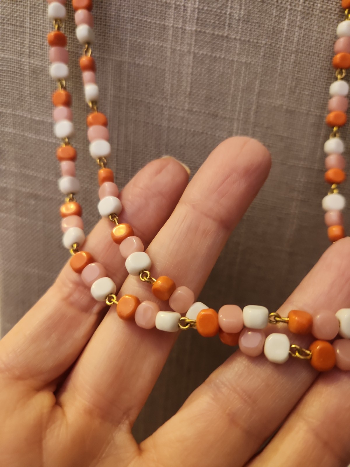 Vintage Czech Glass Beaded Necklace White Pink Orange 40″ Long