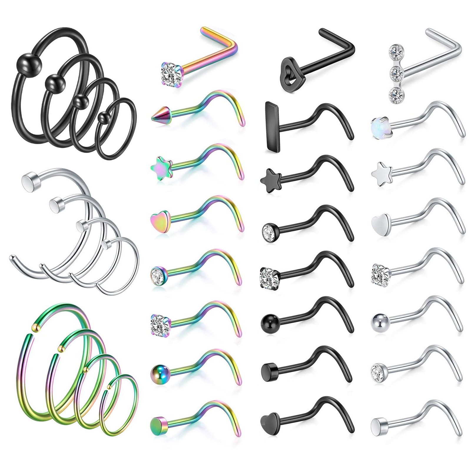 33-36PCS Stainless Steel CZ Nose Stud Nose Hoop Rings Stud Hoop Piercing Jewelry