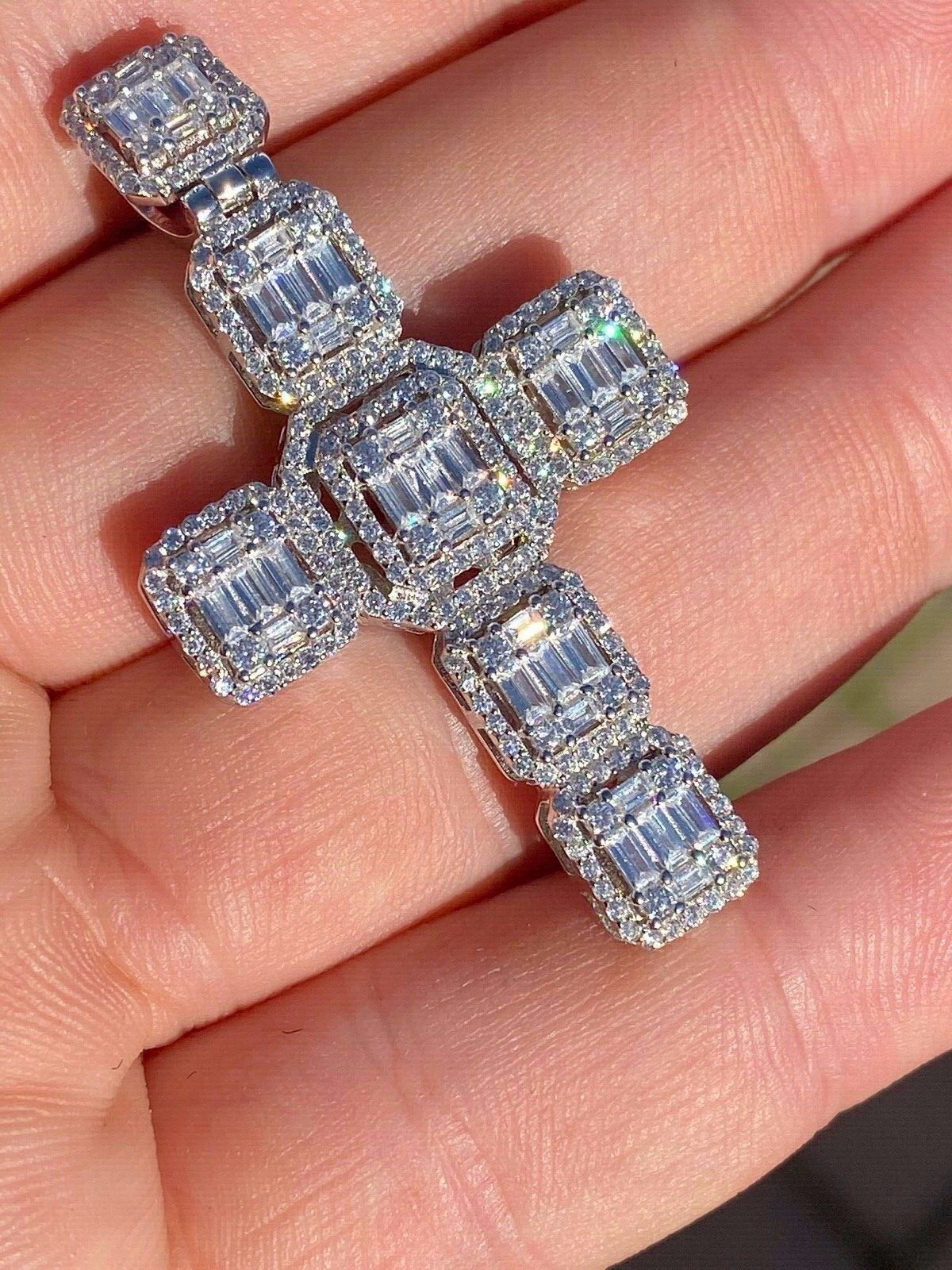 Baguette MOISSANITE Iced Cross Hip Hop Pendant – Pass Tester Silver Gold Plated