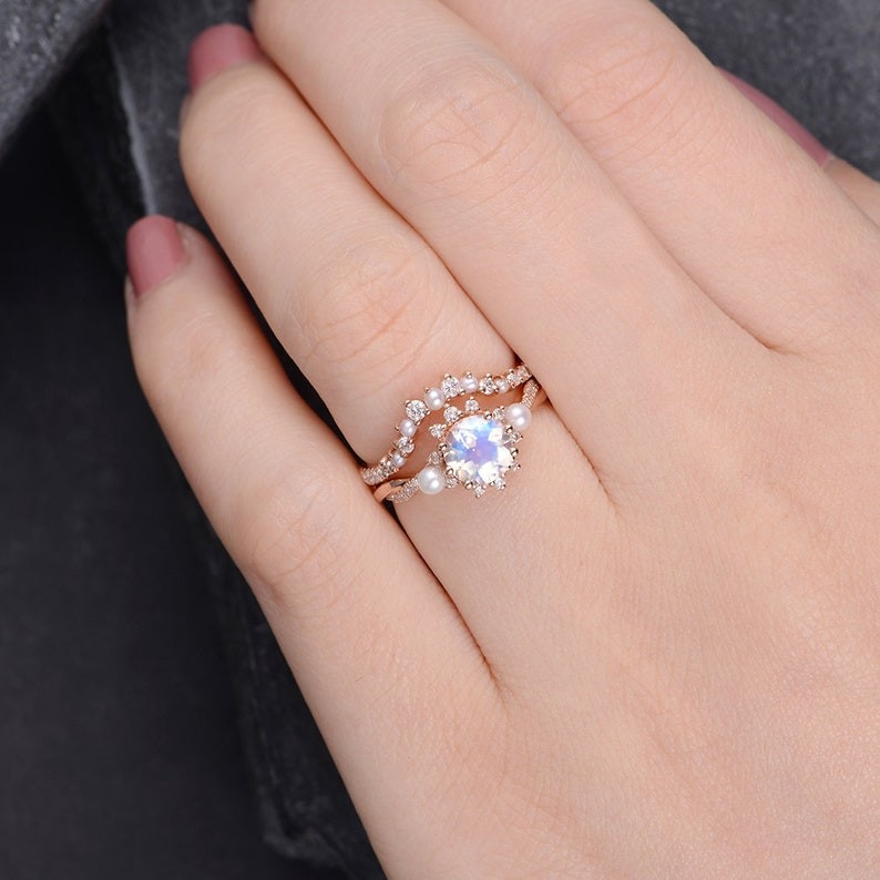 Natural Round Cut Moonstone & Pearls Rose Gold Plated Silver Engagement Ring Set