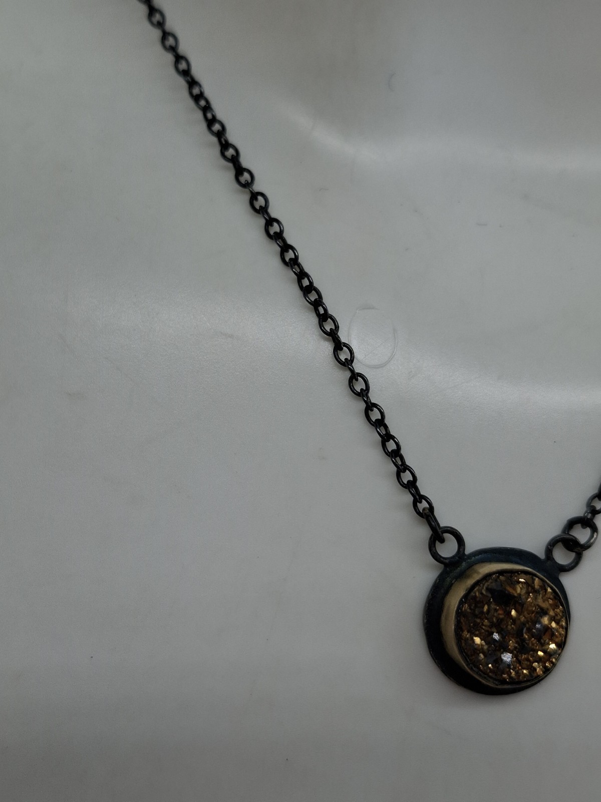 Silver Necklace Druzy Quartz Round Pendant Oxidised 925 Cable Chain 40 cm