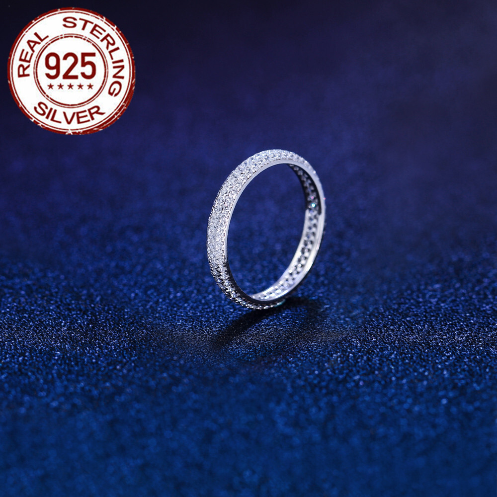Solid Sterling Silver Cubic Zircon Full Paved Wedding Ring Women Engagement Gift