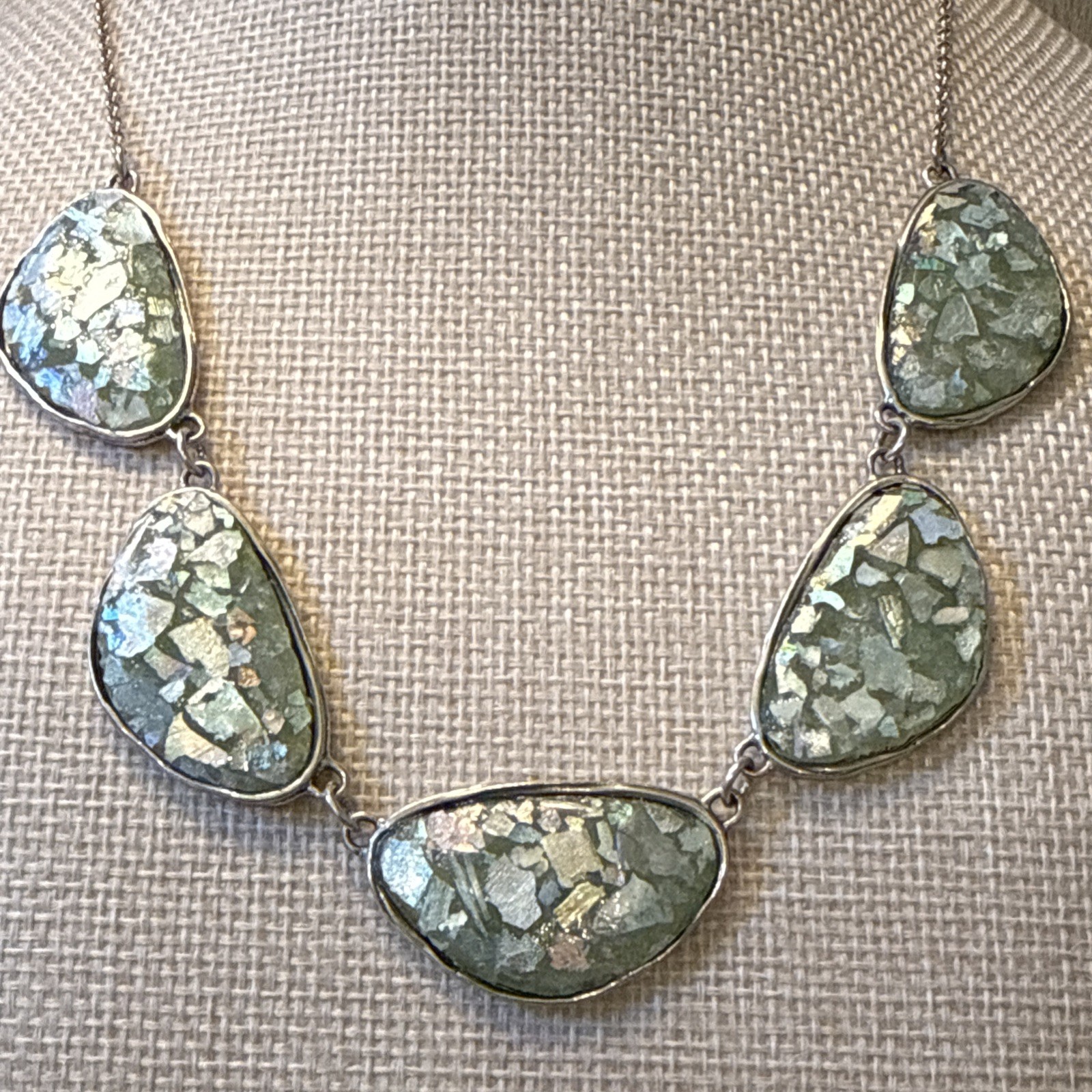 Vintage ROMAN GLASS Sterling Silver Statement Necklace Lirm Israel 925 18in