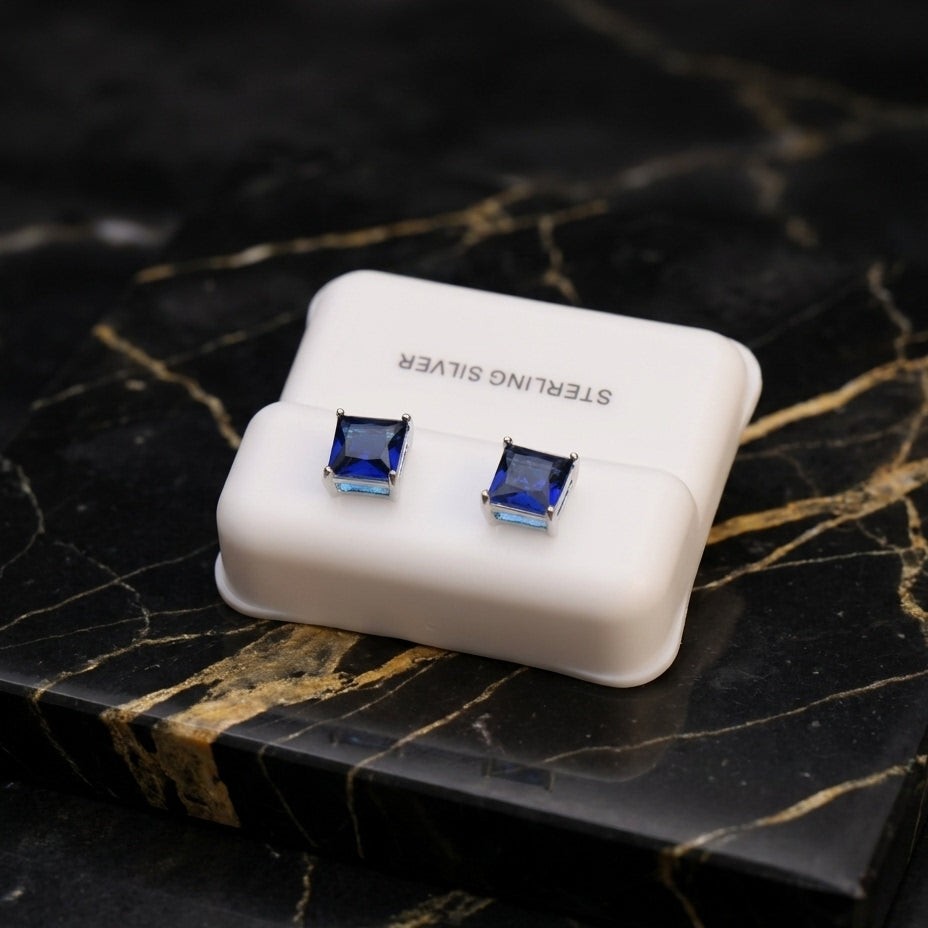 Blue Sapphire Cz Earrings Square Princess Cut 925 Sterling Silver