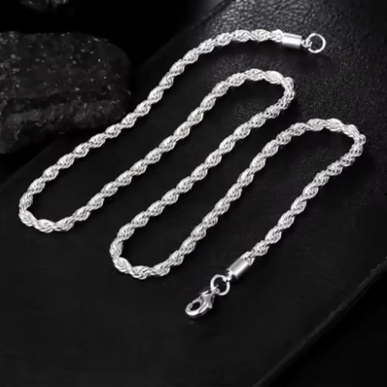 4mm Diamond Cut Solid 925 Sterling Silver Italian Rope Chain Men’s Necklace