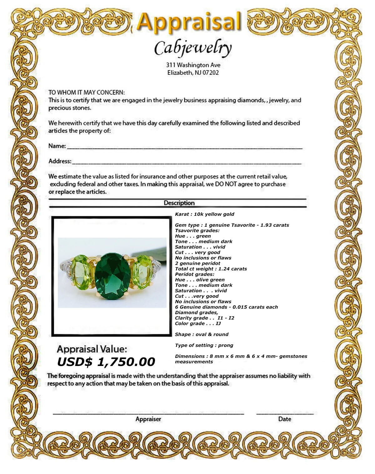 GENUINE 1.93 Cts TSAVORITE,PERIDOT & DIAMOND RING 10K SOLID GOLD -Free Appraisal