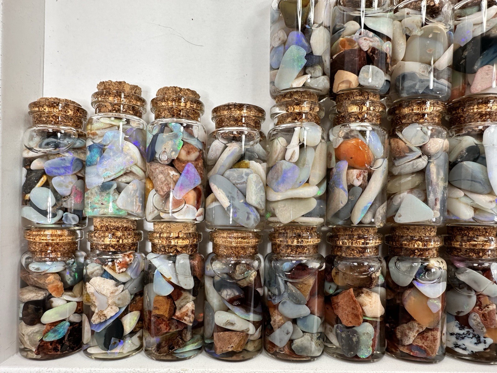 40 ct Premium Australian Coober Pedy Rough/Rubs Opals in Glass Bottles