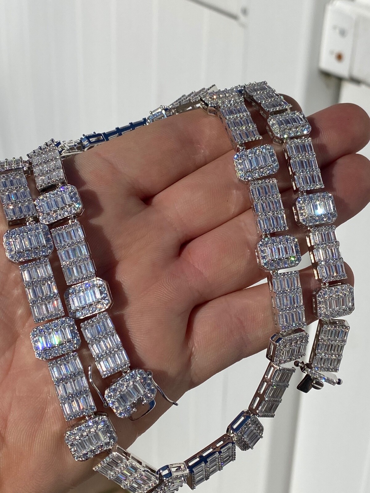 Real 925 Sterling Silver Baguette Link Chain CZ 13mm Men’s Necklace Bust Down