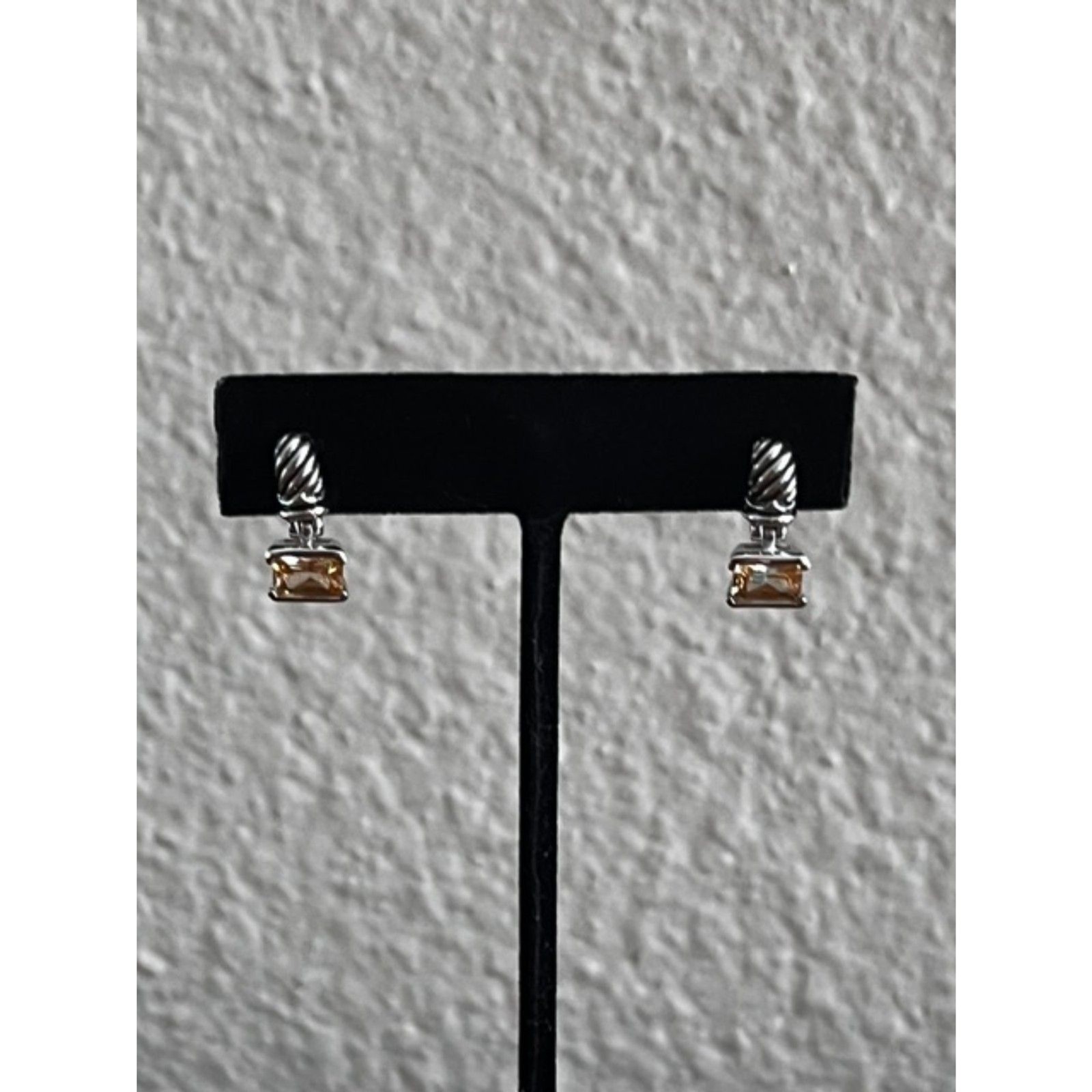 Silver / Black Accent Rope Twist Drop Earrings Cushion Cut Citrine (Post Backs)