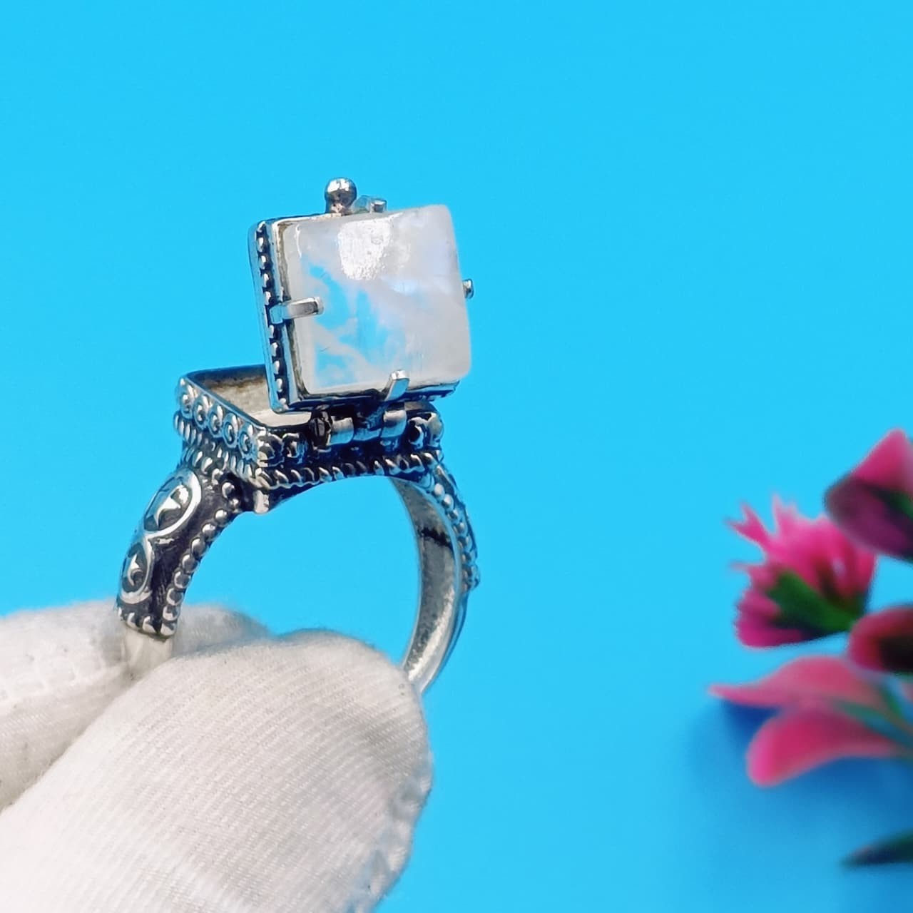 Natural Moonstone Poison Ring | Handmade 925 Sterling Silver Box Ring