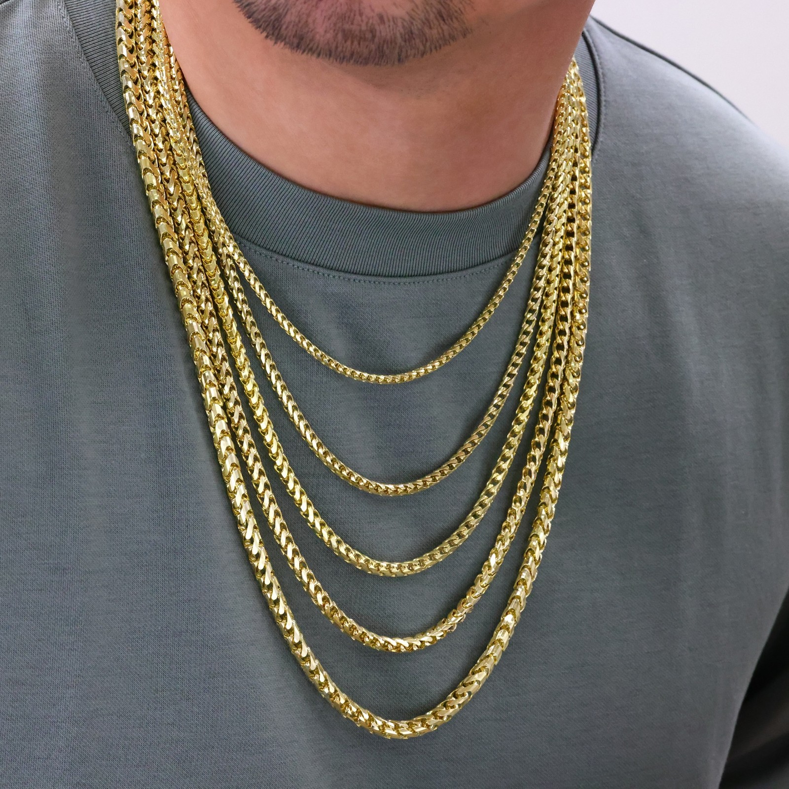 14K Yellow Gold Solid Franco 0.6mm-6mm Diamond Cut Spiga Chain Necklace 16″- 30″