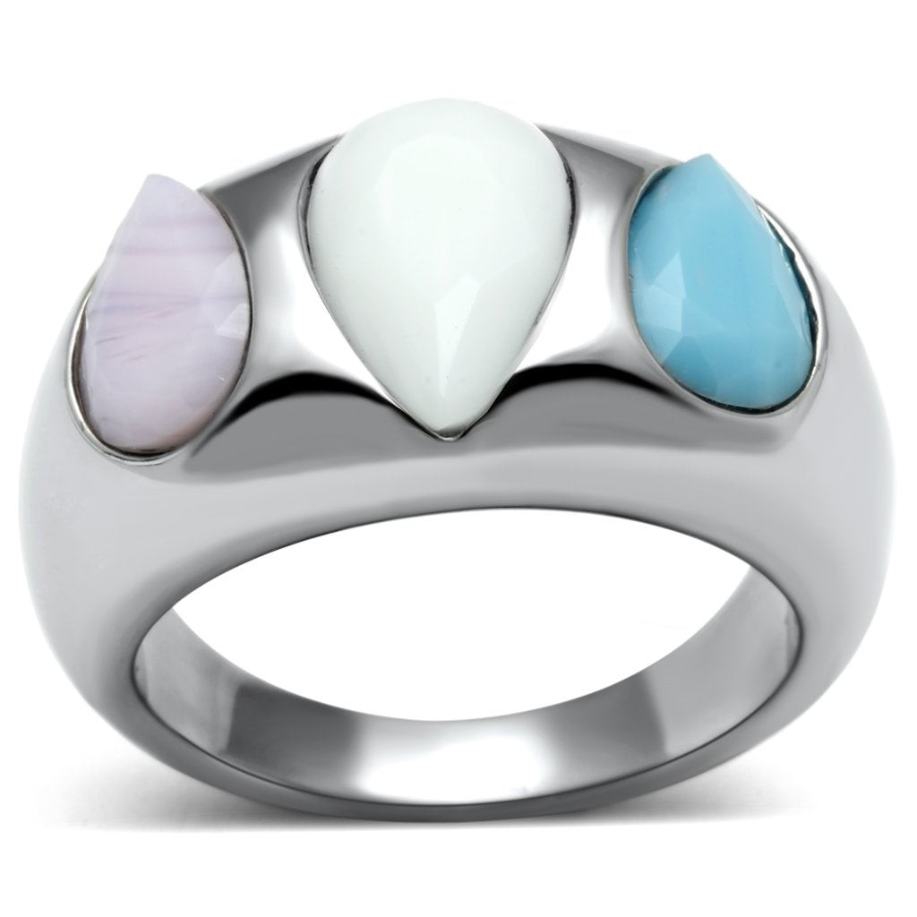 Women’s Ring, Multicolor Glass, Stainless Steel, Teardrop Design, Statement Ring