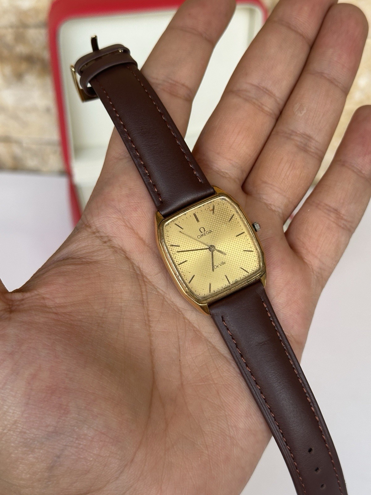 Vintage Omega De Ville 191.0182 Gold Plated Quartz 30x37mm Tapestry Dial Boxed