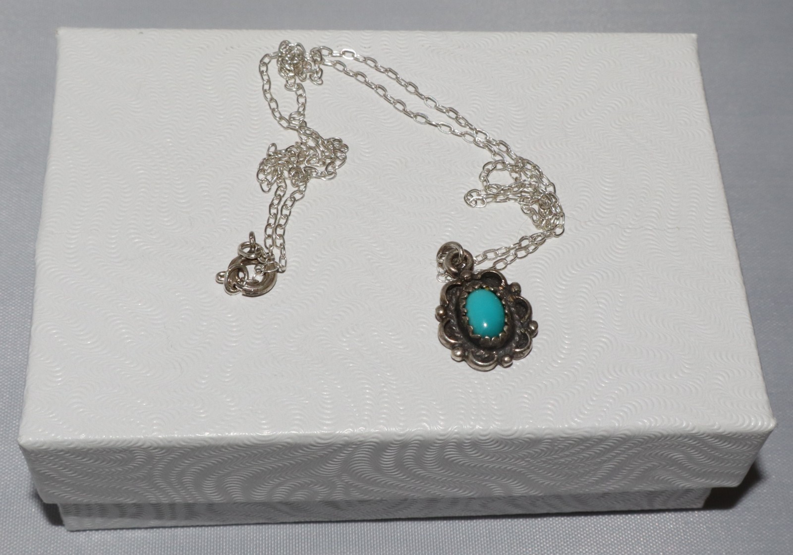 Vintage Sterling Silver OC Petite Turquoise Pendant Necklace 17 inches
