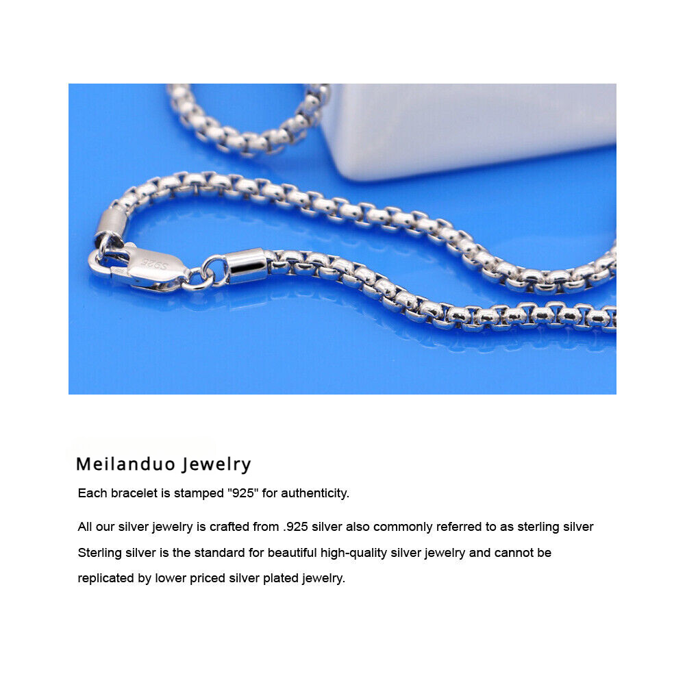 925 Sterling Silver Solid 3mm Round Box Chain Necklace 18″-28″ for Women & Men