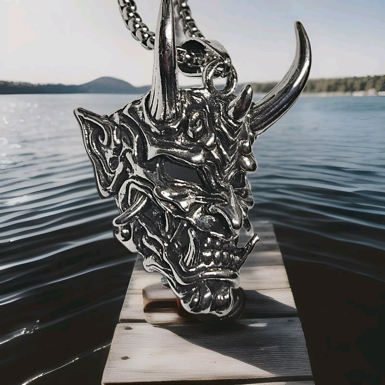 Men’s Stainless Steel Evil Demon Skull Pendant Box Chain Punk Necklace 5-1