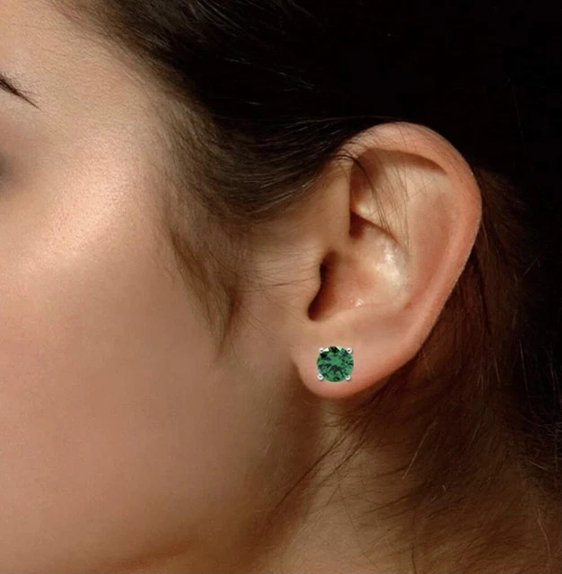200 Ct Round Cut Simulated Diamond Emerald Solitaire Stud 14k White Gold Plated